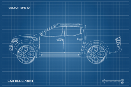 Drawing of the car on a blue background. Side view of pickup. Industrial blueprint of SUV.のイラスト素材
