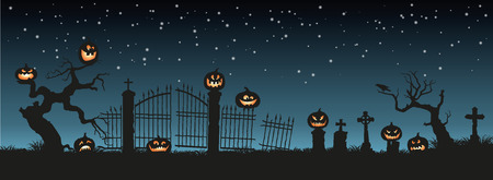 Holiday Halloween. Black silhouettes of pumpkins on the cemetery on night sky background. Graveyard and broken trees. Vector illustrationのイラスト素材
