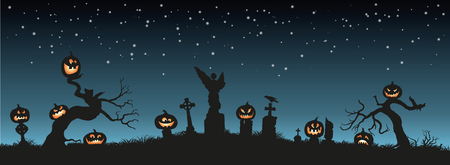 Holiday Halloween, Black silhouettes of pumpkins on the cemeteryのイラスト素材