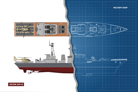 Blueprint of military ship. Top and side viewのイラスト素材