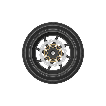 Detailed drawing of motorcycle wheel. Realistic image of detail of bike. Part of vehicle mechanismのイラスト素材