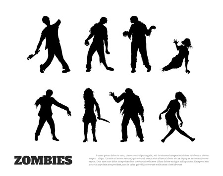 Set of black silhouettes of zombies on white background. Isolated image of undead monsterのイラスト素材