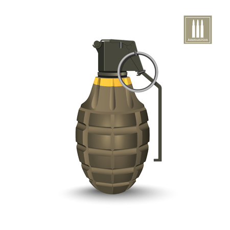 Detailed realistic image of hand grenade. Army explosive. 3d weapon icon. Military isolated object. Vector illustrationのイラスト素材