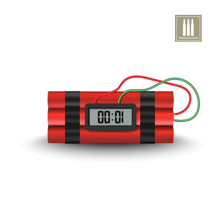 Detailed realistic image of dinamite with timer. Terrorist explosive. 3d weapon icon. Military isolated objectのイラスト素材