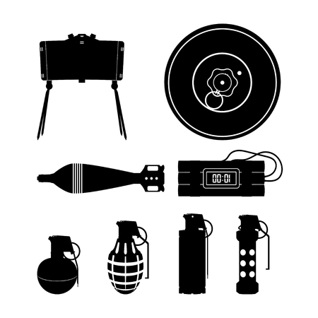 Black silhouette of hand grenade, mine and dinamite. Army explosive set. 3d weapon icons. Military isolated objects. Vector illustrationのイラスト素材