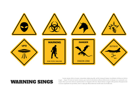 Comic fantasy yellow warning signs. Set of danger stickers and icons. Vector isolated illustrationのイラスト素材