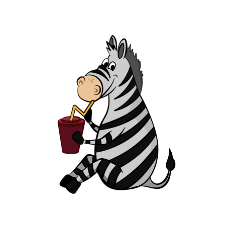 Animals of zoo. Zebra drinking from cup in cartoon style. Isolated cute characterのイラスト素材