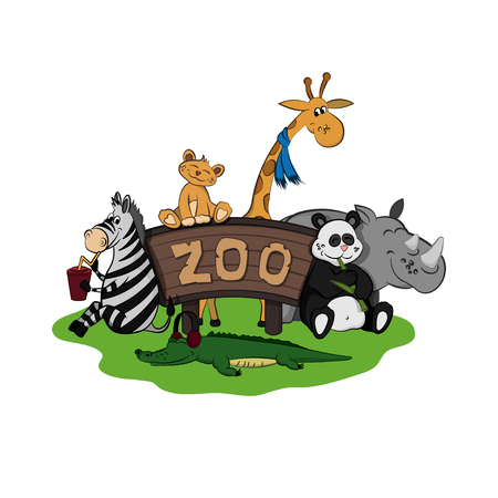 Animals of zoo. Set of funny images in cartoon style. Isolated cute character. Vector illustrationのイラスト素材