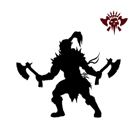 Black silhouette of orc with axe on background. Fantasy character. Angry warrior with weapon. Barbarian tattooのイラスト素材