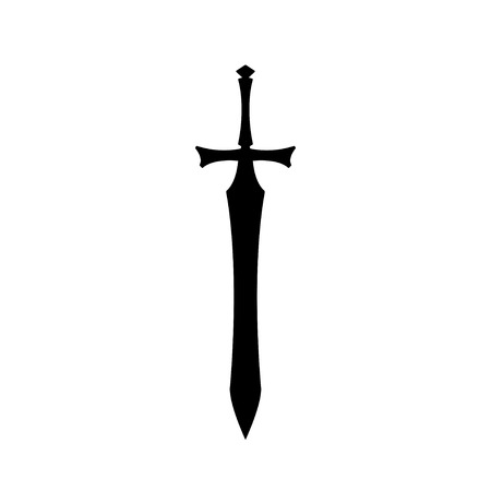 Black silhouettes of medieval knight sword on white background. Paladin weapon icon. Fantasy warrior equipmentのイラスト素材