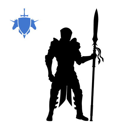 Black silhouette of medieval knight with spear . Fantasy character. Games icon of paladin with weapon. Isolated drawing of warriorのイラスト素材