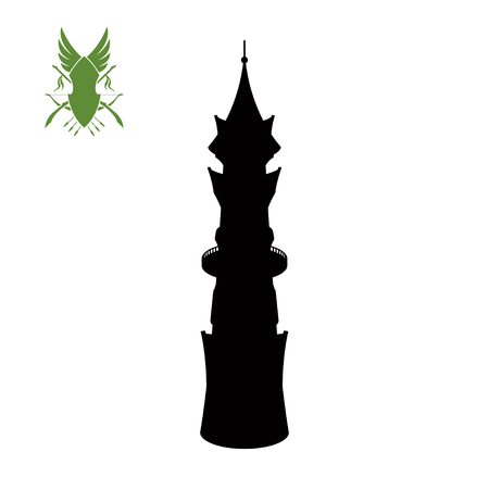 Black silhouette of elven tower. Fantasy palace of elfs. Archer medieval watchtower. Magic citadel. Game fortress icon. GUI objectのイラスト素材