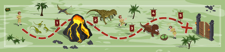 Dinosaurs world map in cartoon style. Landscape with a path image. Adventure in dino park in isometric style. Board maze. Vector illustrationのイラスト素材
