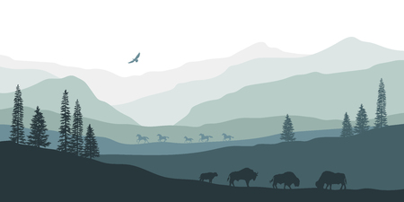 Black silhouette of mountain landscape. American bison. Natural panorama of forest animals. Isolated western scenery. Wildlife scene. Vector illustrationのイラスト素材