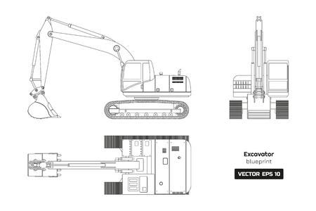Outline drawing of excavator on white background. Top, side and front view. Diesel digger blueprint. Hydraulic machinery image. Industrial document. Vector isolated illustrationのイラスト素材