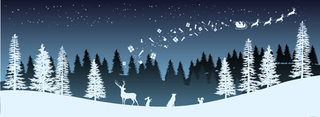 Christmas silhouette. Panorama of Santa Claus riding sleigh with deers. Winters new year landscape. Forest night scene. Holidays backgroundのイラスト素材