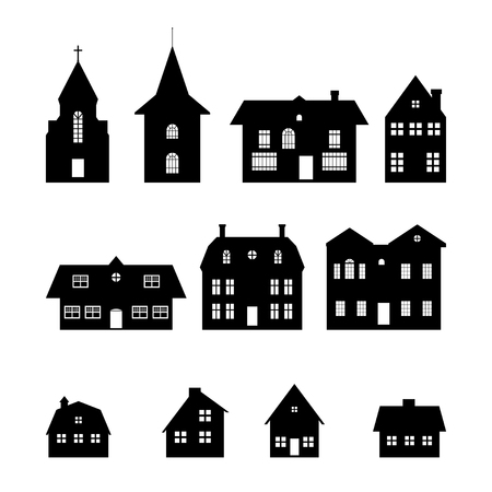 Black silhouettes of christmas houses on white background. Isolated icons. Village panorama. Cityscape elementsの写真素材