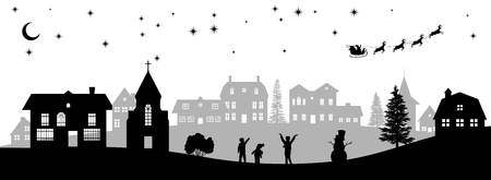 Black christmas panorama. Silhouettes of kids looking at Santa's sleigh. Celebration scene. Isolated village landscape. Holidays graphic. Vetor illustrationのイラスト素材
