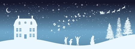 Christmas night panorama. Silhouettes of kids looking at Santas sleigh. Celebration scene. Paper village landscape. Holidays graphic. Vetor illustrationのイラスト素材