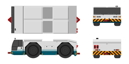 Tractor towing airplane. Front, side, top and back view. Repair and maintenance of aircraft. Airfield transport. Industrial blueprint. Vector isolated illustration.のイラスト素材