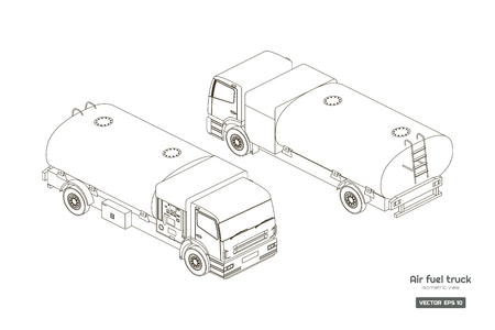 Air fuel truck in isometric style. Industrial outline drawing. Maintenance of aircraft. Airfield transport. Tanker for airplaneのイラスト素材