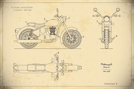 Blueprint of retro classic motorcycle in outline style. Side, top and front view. Industrial drawing of vintage motorbike. Vector illustrationのイラスト素材