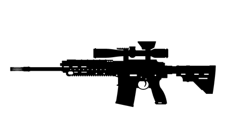 Black silhouette of machine gun with grenade launcher on white background. Automatic weapon of USA army. Military american ammunition. Isolated image of gun. Vector illustrationのイラスト素材