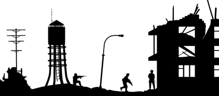 Black military silhouettes on white background. Soldiers assault house with terrorists. Scene of broken city. War panorama. Vector illustrationのイラスト素材