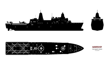 Black silhouette of military ship. Top, front and side view. Battleship model. Industrial isolated drawing of boat. Warship USSのイラスト素材