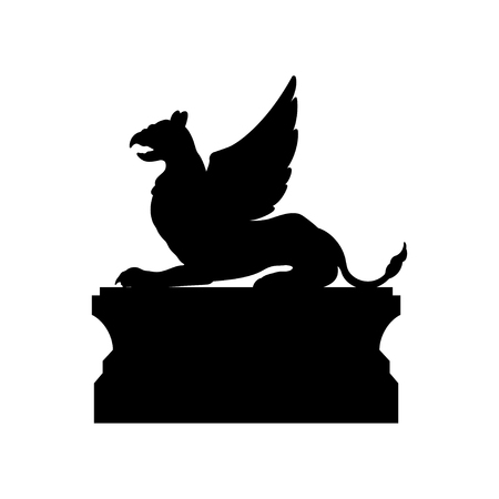 Black silhouette of gothic statue of griffon. Medieval architecture. Side view of stone cathedral sculpture. Isolated image on white background. Vector illustrationのイラスト素材