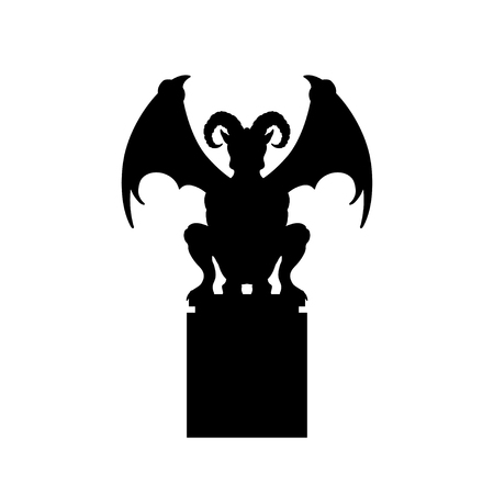 Black silhouette of gothic statue of gargoyle. Medieval architecture. Front view of stone cathedral sculpture. Isolated image on white background. Vector illustrationのイラスト素材