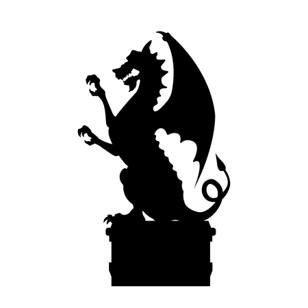 Black silhouette of gothic statue of dragon. Medieval architecture. Side view of stone cathedral sculpture. Isolated image on white background. Vector illustrationのイラスト素材