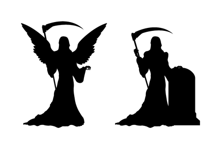 Black silhouette of death with scythe. Statue of dark angel on gothic cemetery.  Halloween symbol. Isolated image of  hell reaper.  Tombstone of  catholic graveyard. Vector illustrationのイラスト素材