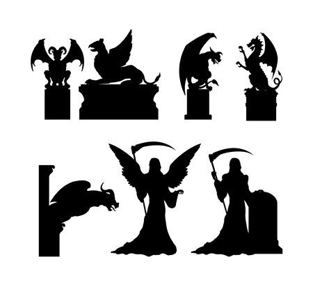 Black silhouettes of gothic statues. Medieval architecture. Stone cathedral sculpture. Cemetery memorial. Halloween symbol. Tombstone of catholic graveyard. Vector illustrationのイラスト素材