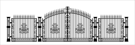 Black silhouette of gothic cemetery gate with ornament. Isolated drawing of cathedral build. Fantasy architecture. European medieval landmark. Design elementのイラスト素材
