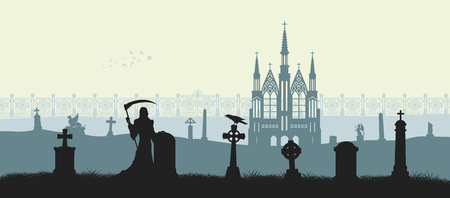 Illustration for Black silhouette of gothic cemetery. Reaper with scythe as symbol of death. Medieval architecture. Graveyard with gate, church and tombstones. Halloween scene - Royalty Free Image