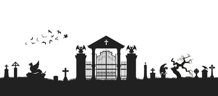 Black silhouette of gothic cemetery. Medieval architecture. Graveyard with gate, crypt and tombstones. Halloween sceneのイラスト素材