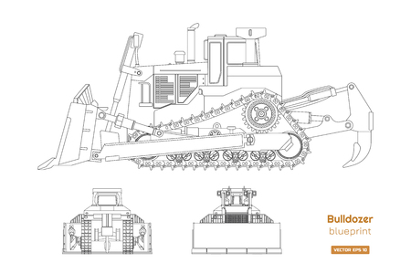 Bulldozer in outline style. Front, side and back view of digger. Building machinery image.のイラスト素材