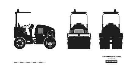 Black silhouette of vibratory roller. Side, back and front view. Building machinery image. Industrial isolated drawing of asphalt compactor. Diesel vehicle blueprint. Vector illustrationのイラスト素材