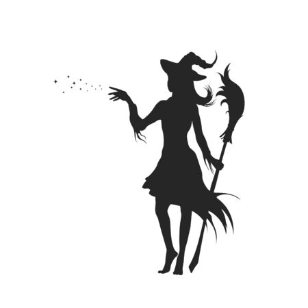 Black silhouette of witch with hat. Halloween party. Isolated image of conjuring sorcerer. Young mage with broom. Elegant withardのイラスト素材