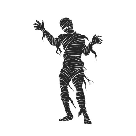 Black silhouette of mummy. Halloween party. Isolated image of scary monster. Mummified zombie on white background. Vector illustrationのイラスト素材