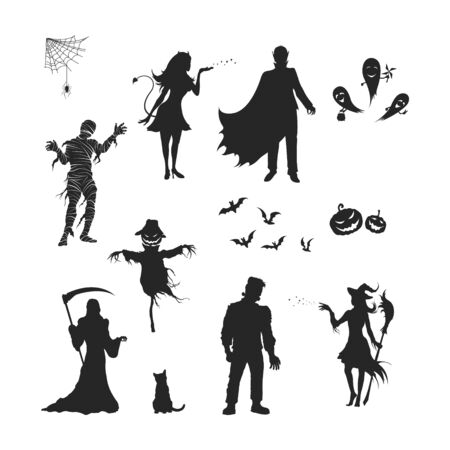 Black silhouettes of halloween characters. Isolated image of vampire, witch, mummy and ghost. Elements for october holiday design. Gothic monster.のイラスト素材