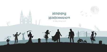 Halloween banner with fantasy silhouettes. Landscape of cemetery with mummy, witch and frankenstein. Horror panoramaのイラスト素材