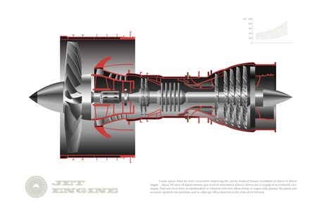 Jet engine of airplane. Industrial aerospace blueprint. 3d drawing of plane motor. Part of aircraft. Side viewのイラスト素材