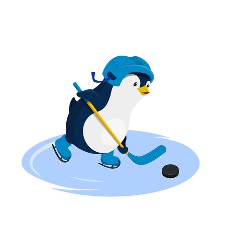 Penguin in helmet playing hockey. Isolated character in cartoon style. Winter sport. Fanny image of arctic birdのイラスト素材