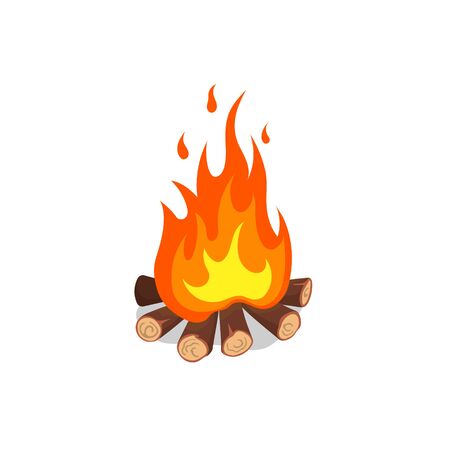 Cartoon image of bonfire. Isolated icon of forest fire. Burning firewood on white background. Vector illustrationのイラスト素材