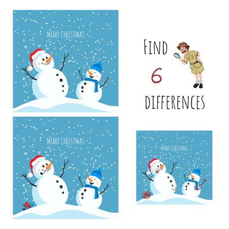 Find 6 differences. Educational game for children. Cartoon snowman in santa hat. Christmas puzzle. Vector illustration.のイラスト素材
