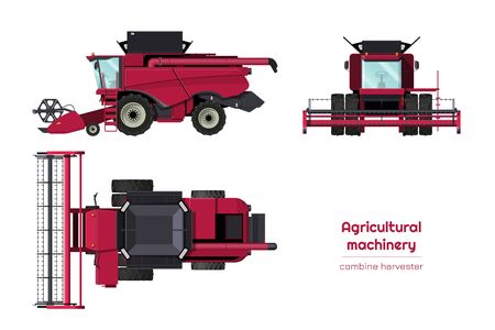 Isolated combine harvester. Side, front and top view of agriculture machinery. Farming vehicle in cartoon style. Industry 3d blueprint. Vector illustrationのイラスト素材