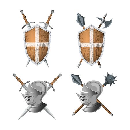 Knights coat of arms. Warrior weapons and armor. Sword, shield and helmet in realistic style. Heraldic badge. 3d medieval icon for gameのイラスト素材