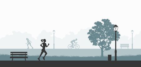 Outdoor fitness. Silhouettes of exercising people. Park landscape with athletic men and women. Workout panorama. Sports action. Vector illustrationのイラスト素材